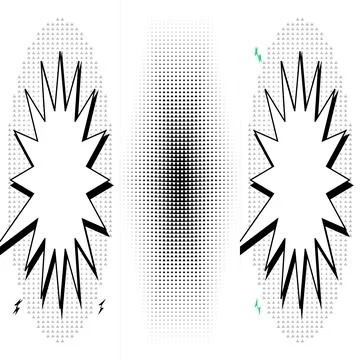 Comic book style action burst speech bubbles with geometric halftone triang.. Stock Illustration