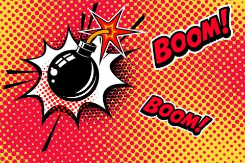 Comic book style background with bomb explosion. Design element for banner, p Illustrazione stock