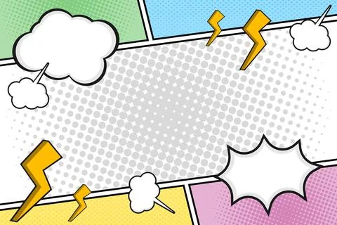 Comic Book Style Background Panel with Speech Bubbles Halftone Pattern and .. Illustrazione stock
