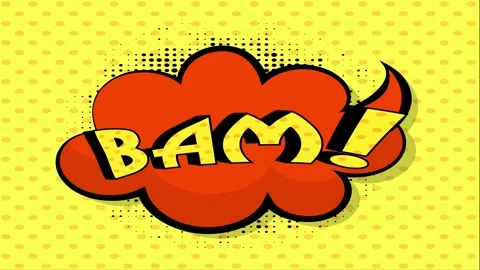 Comic book style BAM speech bubble animation on a yellow halftone background Stock Footage 346724699