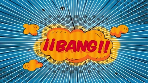Comic book style bang explosion graphic with dynamic blue radial speed lines Stock Footage 346724717