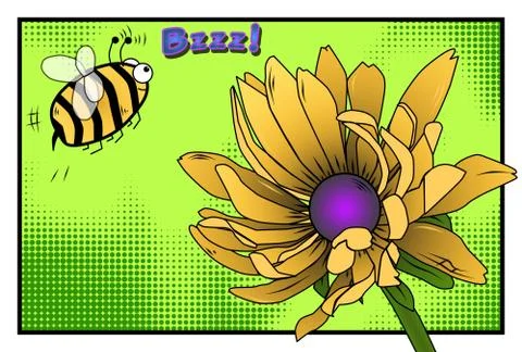 Comic Book Style Bee and Yellow Rudbeckia Flower Stock Illustration