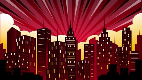 Comic book style city skyline with red sunburst background for urban design Stock Footage 346724790