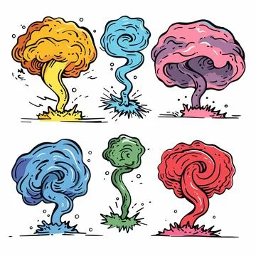 Comic book style explosive blasts represented various colors. Six dynamic Illustrazione stock