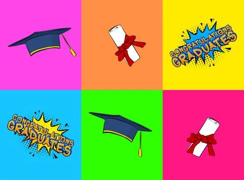 Comic book style graduation cap and diploma. Education, end of educational ye Stock Illustration