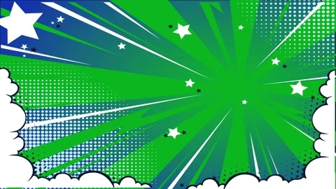 Comic book style green and blue background with radiating lines and white sta Stock Footage 346724837