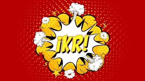 Comic book style IKR text animation with yellow explosion on red background Vidéo 346724865