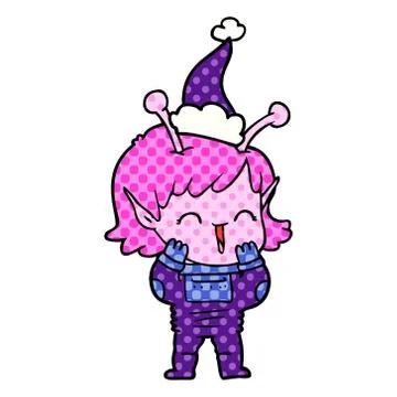 Comic book style illustration of a alien girl giggling wearing santa hat Stock Illustration