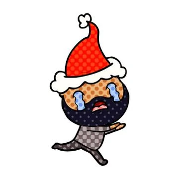 Comic book style illustration of a bearded man crying wearing santa hat Stock Illustration