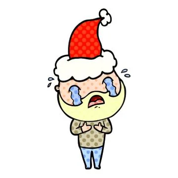 Comic book style illustration of a bearded man crying wearing santa hat Stock Illustration
