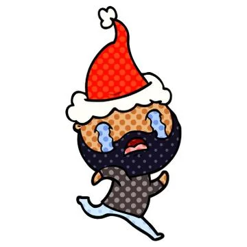 Comic book style illustration of a bearded man crying wearing santa hat Stock Illustration