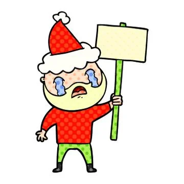 Comic book style illustration of a bearded protester crying wearing santa hat Stock Illustration