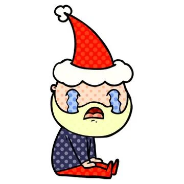 Comic book style illustration of a bearded man crying wearing santa hat Stock Illustration
