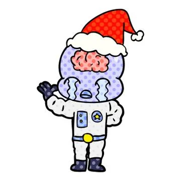 Comic book style illustration of a big brain alien crying wearing santa hat Stock Illustration