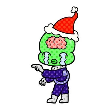 Comic book style illustration of a big brain alien crying and pointing wearin Stock Illustration