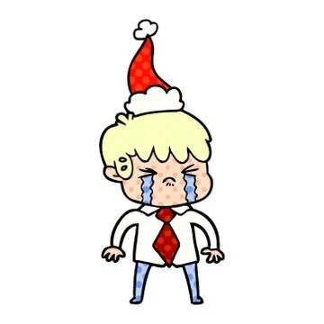 Comic book style illustration of a boy crying wearing santa hat Stock Illustration