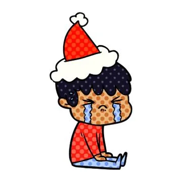 Comic book style illustration of a boy crying wearing santa hat Stock Illustration