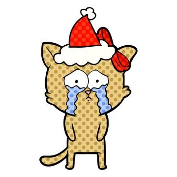 Comic book style illustration of a cat wearing santa hat 스톡 일러스트