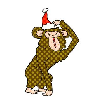 Comic book style illustration of a chimp scratching head wearing santa hat Illustrazione stock
