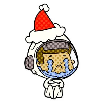 Comic book style illustration of a crying astronaut wearing santa hat Stock Illustration