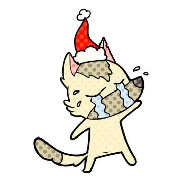 Comic book style illustration of a crying wolf wearing santa hat Stock Illustration