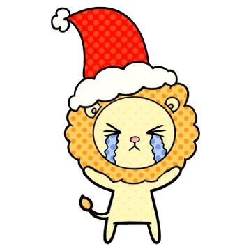 Comic book style illustration of a crying lion wearing santa hat Stock Illustration