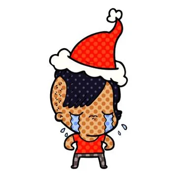 Comic book style illustration of a crying girl wearing santa hat Stock Illustration