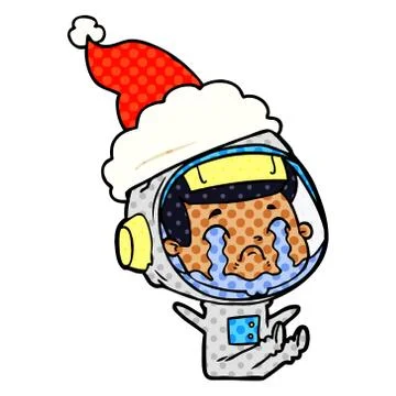 Comic book style illustration of a crying astronaut wearing santa hat Stock Illustration