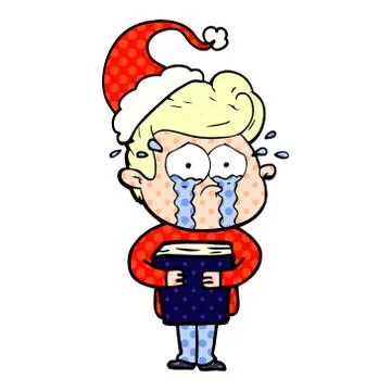 Comic book style illustration of a crying man holding book wearing santa hat Stock Illustration