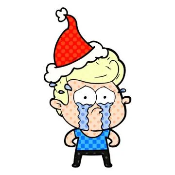 Comic book style illustration of a crying man wearing santa hat Stock Illustration