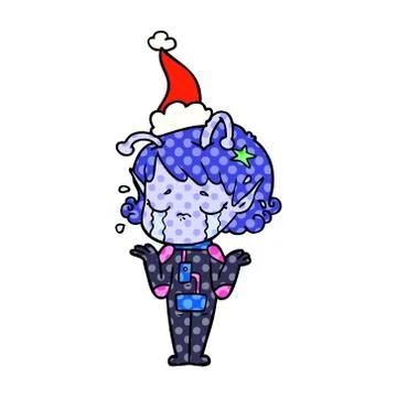Comic book style illustration of a crying alien girl wearing santa hat Stock Illustration