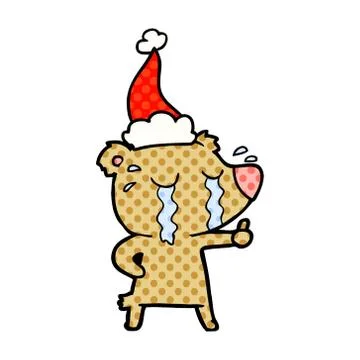 Comic book style illustration of a crying bear wearing santa hat Stock Illustration