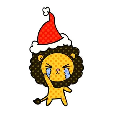 Comic book style illustration of a crying lion wearing santa hat Stock Illustration