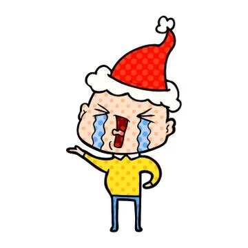 Comic book style illustration of a crying bald man wearing santa hat Stock Illustration