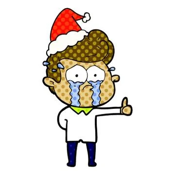 Comic book style illustration of a crying man wearing santa hat Stock Illustration