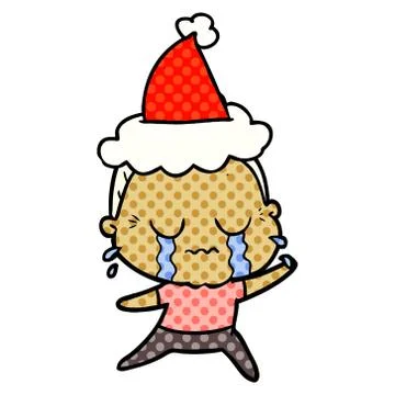 Comic book style illustration of a crying old lady wearing santa hat Stock Illustration