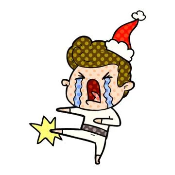 Comic book style illustration of a crying man wearing santa hat Stock Illustration