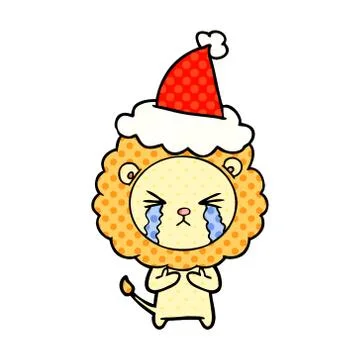 Comic book style illustration of a crying lion wearing santa hat Stock Illustration