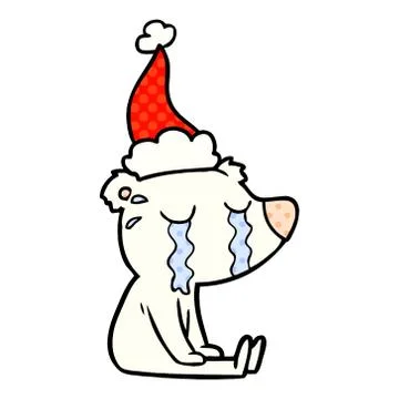 Comic book style illustration of a crying sitting polar bear wearing santa ha Stock Illustration