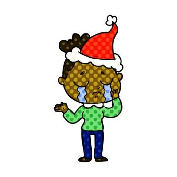 Comic book style illustration of a crying woman wearing santa hat Stock Illustration