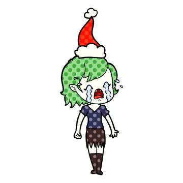 Comic book style illustration of a crying vampire girl wearing santa hat Stock Illustration