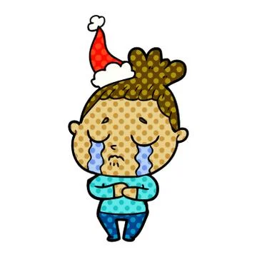 Comic book style illustration of a crying woman wearing santa hat Stock Illustration