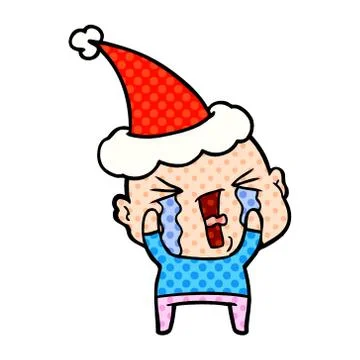 Comic book style illustration of a crying bald man wearing santa hat Stock Illustration