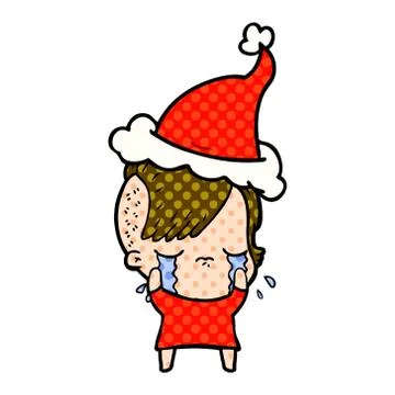 Comic book style illustration of a crying girl wearing santa hat Stock Illustration