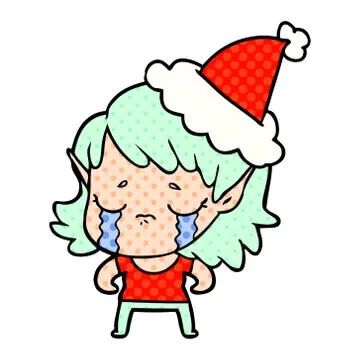 Comic book style illustration of a crying elf girl wearing santa hat Stock Illustration