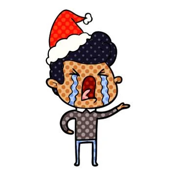 Comic book style illustration of a crying man wearing santa hat Stock Illustration