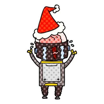 Comic book style illustration of a crying robot wearing santa hat Stock Illustration