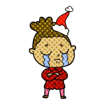 Comic book style illustration of a crying woman wearing santa hat Stock Illustration