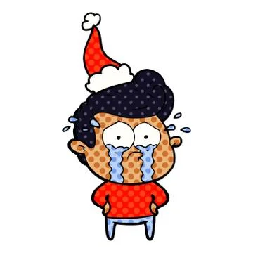 Comic book style illustration of a crying man wearing santa hat Stock Illustration