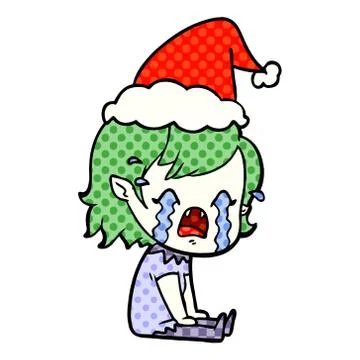 Comic book style illustration of a crying vampire girl wearing santa hat Stock Illustration